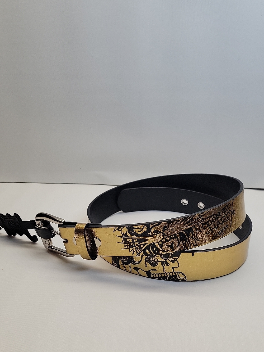 New Ed Hardy Men's Belt 38 Skull & Tiger Tattoo Print Gold Color With Rhinestone